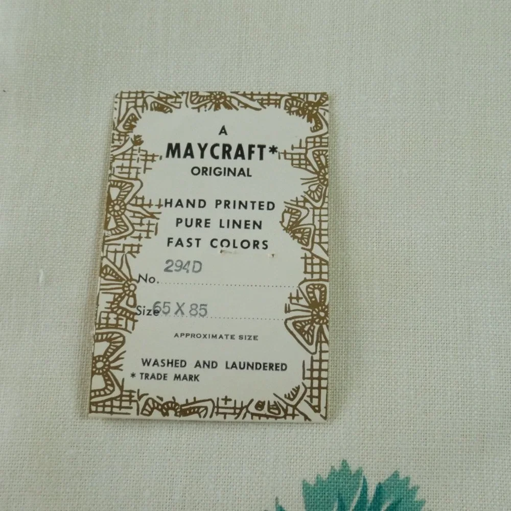 Vintage Maycraft Pure Linen Tablecloth Hand Printed Floral 65x85 Cottagecore